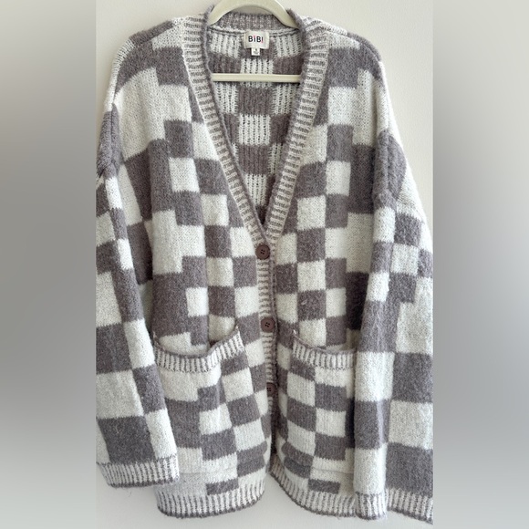 BIBI Oversized Chunky Grey and White Checkered Boyfriend Cardigan, Size Small - Picture 4 of 16